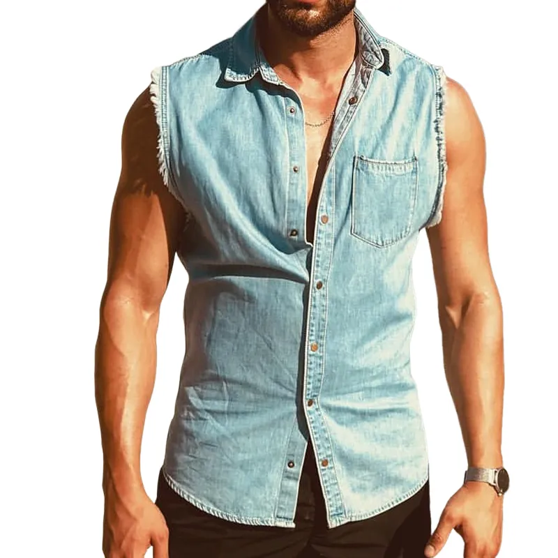 Men's Retro Casual Washed Denim Lapel Sleeveless Shirt MTA1611D6TO sold by Manly