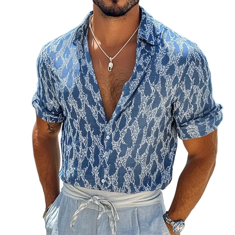 Men's Retro Casual Diamond Print Linen Lapel Long Sleeve Shirt MTA2169D7TO sold by Manly