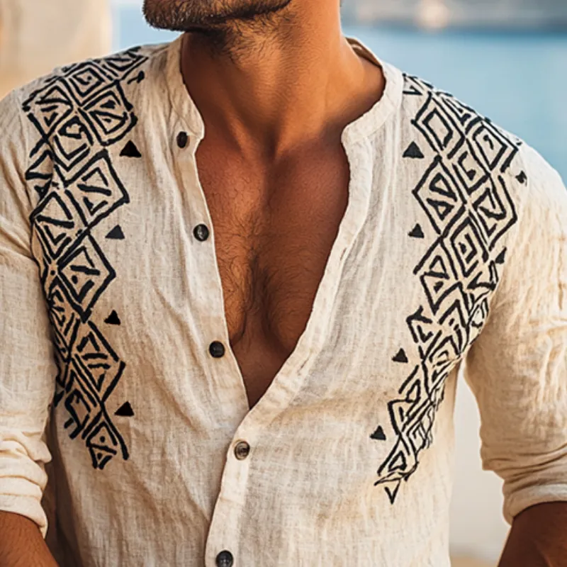 Men's Retro Casual Ethnic Totem Printed Linen Stand Collar Long Sleeve Shirt MTA2183D3TO sold by Manly product image thumbnail 3