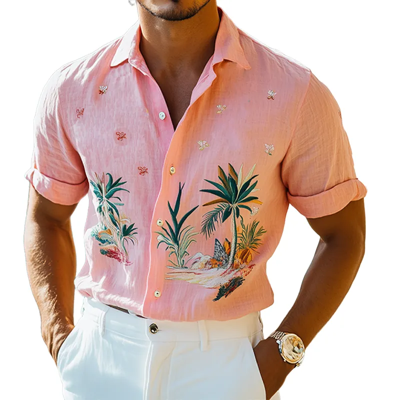 Men's Summer Fashion Hawaiian Style Exquisite Embroidered Cotton and Linen Short Sleeve Shirt MTA2192D3K sold by Manly