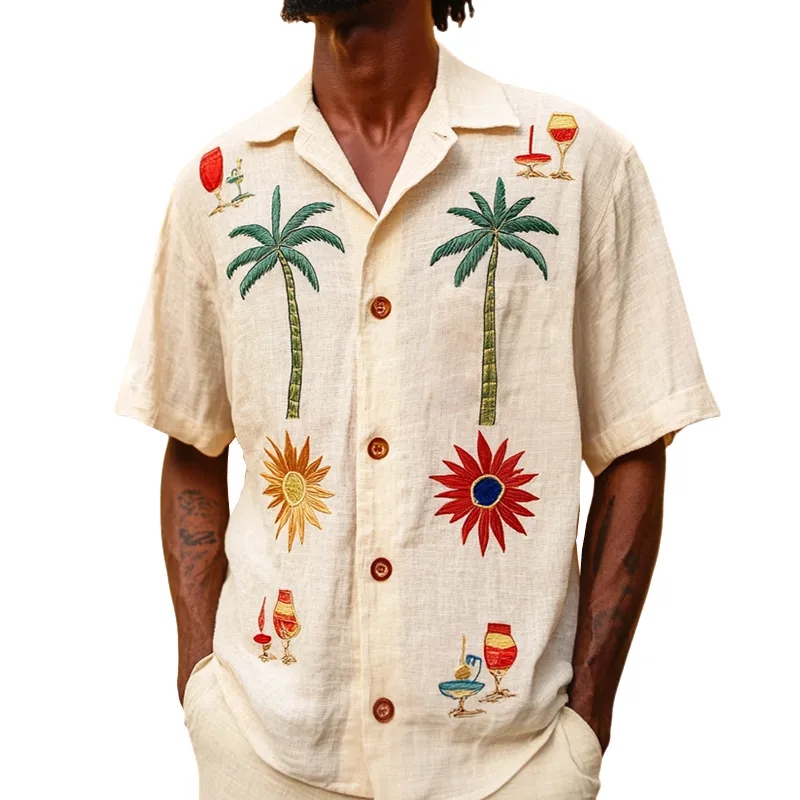 Men's Retro Casual Beach Coconut Tree Embroidery Linen Lapel Short Sleeve Shirt MTA2126D8TO sold by Manly