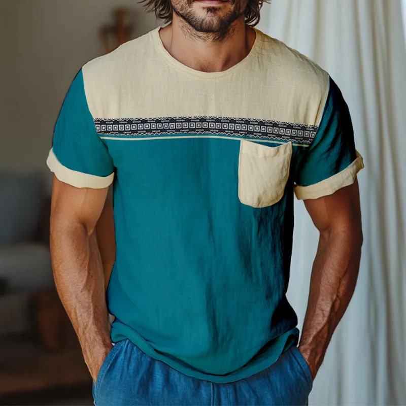 Men's Retro Casual Colorblock Printed Linen Round Neck Short Sleeve T-Shirt MTA2197D1TO sold by Manly product image thumbnail 2