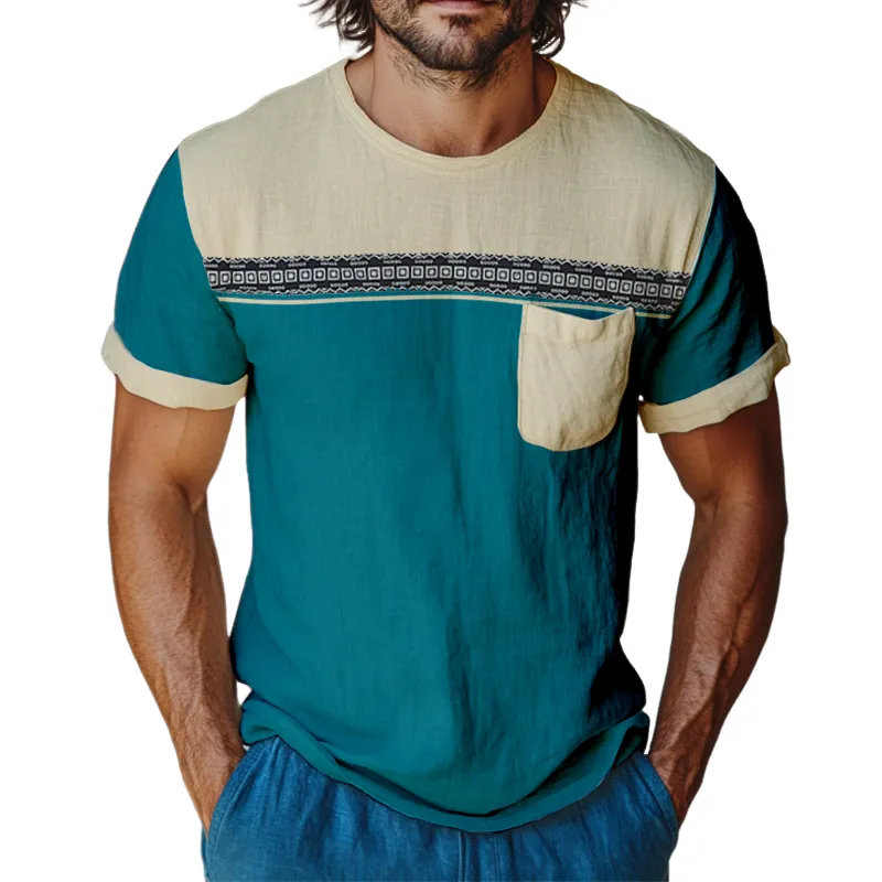Men's Retro Casual Colorblock Printed Linen Round Neck Short Sleeve T-Shirt MTA2197D1TO sold by Manly