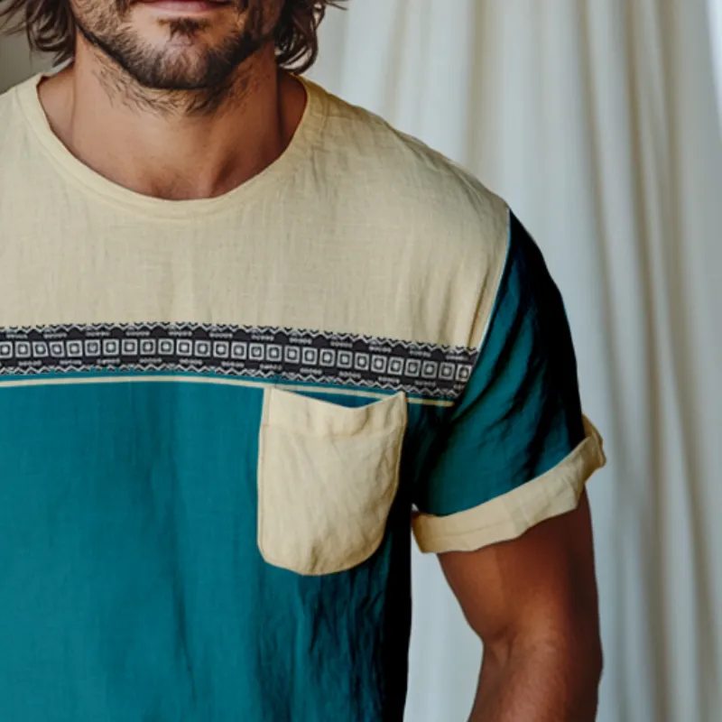 Men's Retro Casual Colorblock Printed Linen Round Neck Short Sleeve T-Shirt MTA2197D1TO sold by Manly product image thumbnail 3