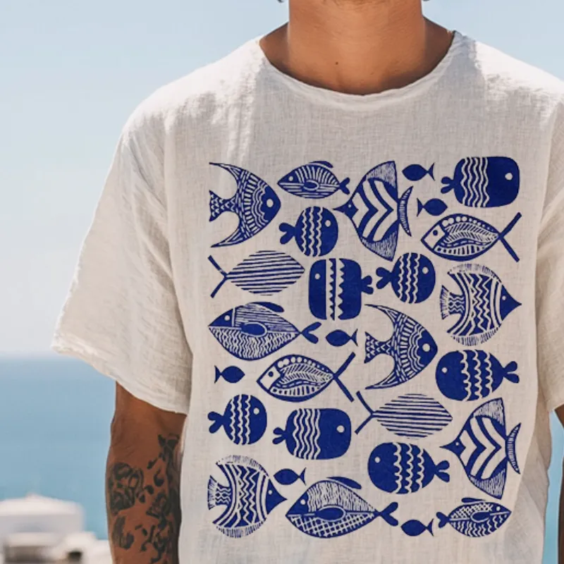 Men's Retro Casual Ocean Print Linen Round Neck Short Sleeve T-Shirt MTA2118D4TO sold by Manly product image thumbnail 3