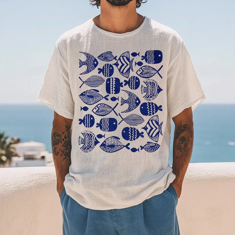 Men's Retro Casual Ocean Print Linen Round Neck Short Sleeve T-Shirt MTA2118D4TO sold by Manly product image thumbnail 2