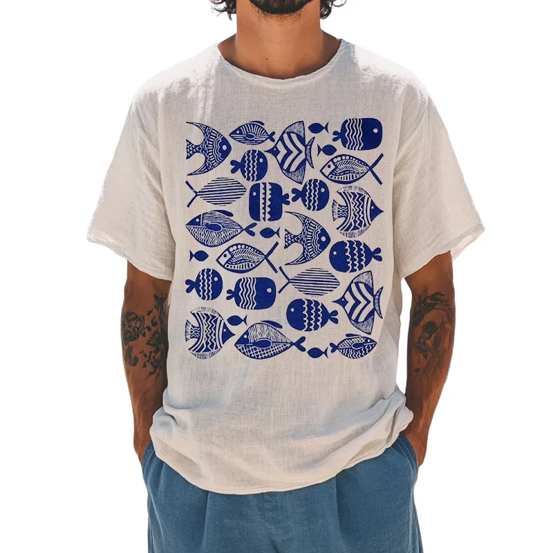 Men's Retro Casual Ocean Print Linen Round Neck Short Sleeve T-Shirt MTA2118D4TO sold by Manly
