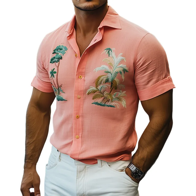 Men's Summer Fashion Hawaiian Style Embroidered Slim Fit Cotton and Linen Short Sleeve Shirt MTA2117D2K sold by Manly