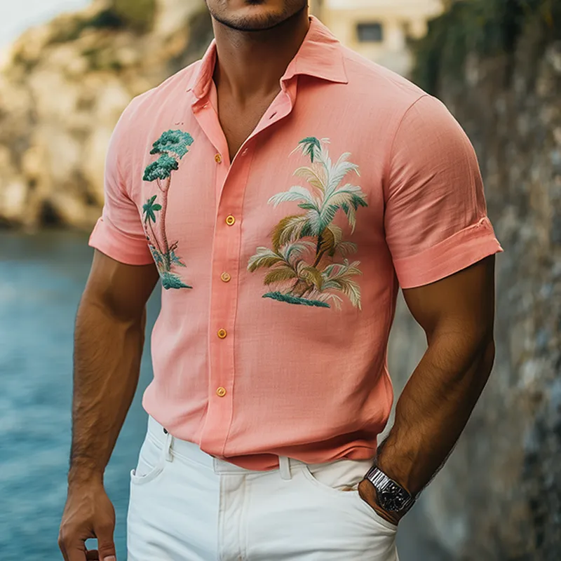Men's Summer Fashion Hawaiian Style Embroidered Slim Fit Cotton and Linen Short Sleeve Shirt MTA2117D2K sold by Manly product image thumbnail 2