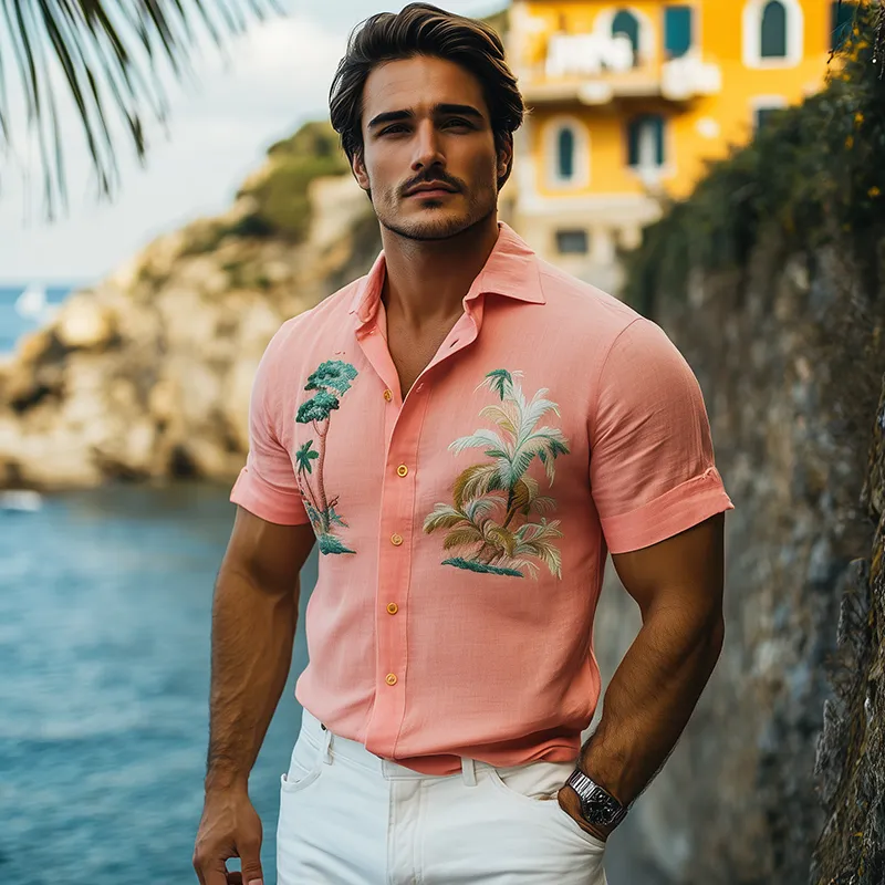 Men's Summer Fashion Hawaiian Style Embroidered Slim Fit Cotton and Linen Short Sleeve Shirt MTA2117D2K sold by Manly product image thumbnail 3