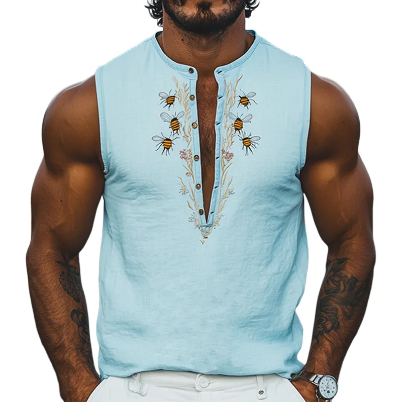 Men's Summer Fashion Deep V Neck Bee and Flower Embroidered Cotton and Linen Tank Top MTA2175D9K sold by Manly