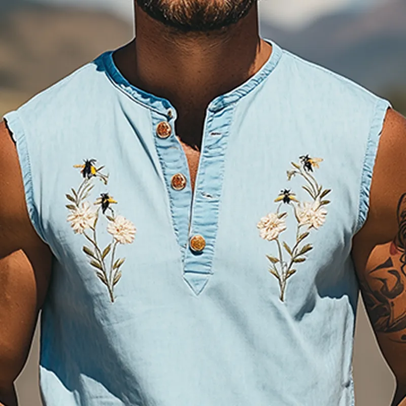 Men's Summer Fashion V-Neck Gardenia Embroidered Tencel Denim Tank Top MTA2134D1K sold by Manly product image thumbnail 4