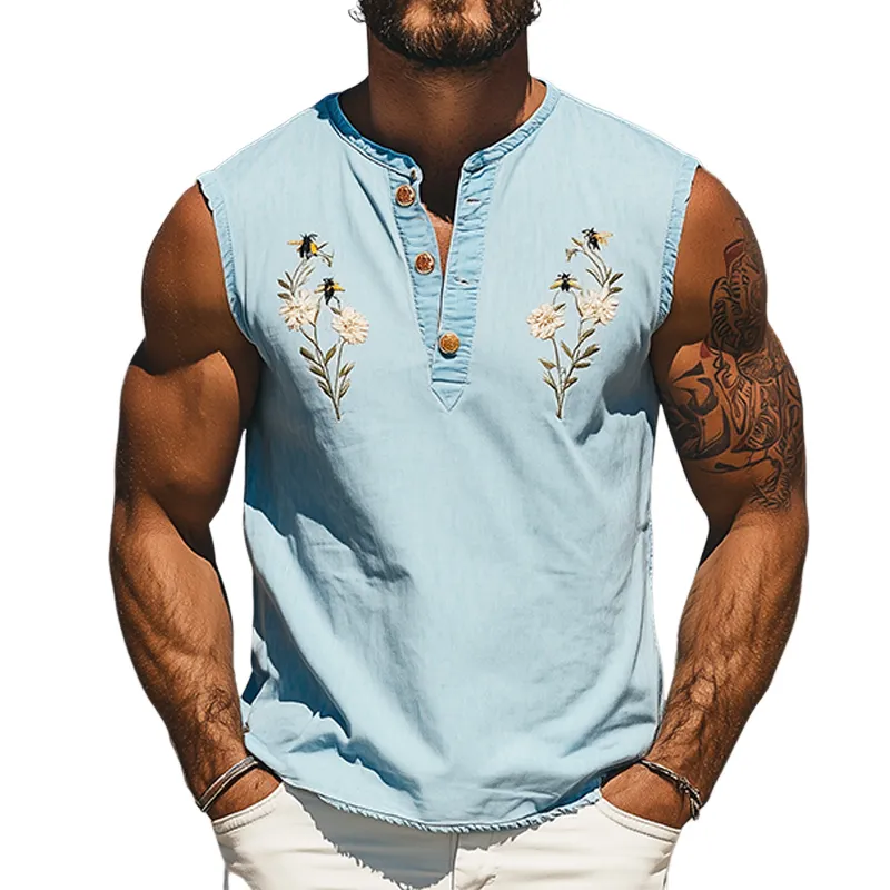 Men's Summer Fashion V-Neck Gardenia Embroidered Tencel Denim Tank Top MTA2134D1K sold by Manly