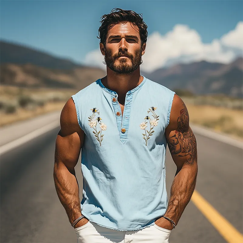 Men's Summer Fashion V-Neck Gardenia Embroidered Tencel Denim Tank Top MTA2134D1K sold by Manly product image thumbnail 3