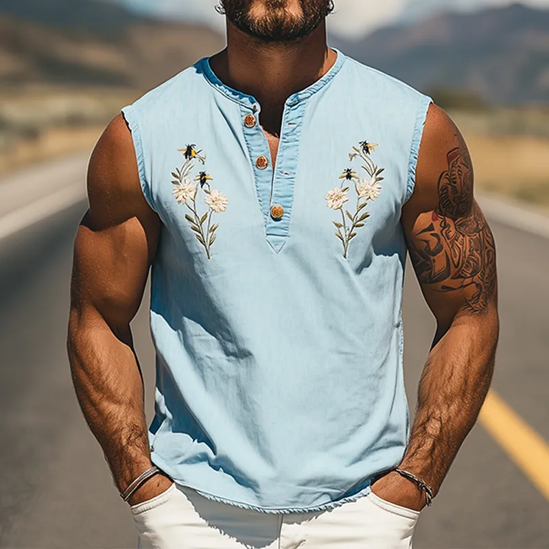 Men's Summer Fashion V-Neck Gardenia Embroidered Tencel Denim Tank Top MTA2134D1K sold by Manly product image thumbnail 2