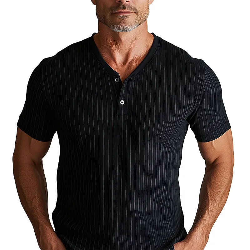 Men's Summer Fashion Elegant Striped Cotton and Linen Henley Shirt MTA2173D1P sold by Manly