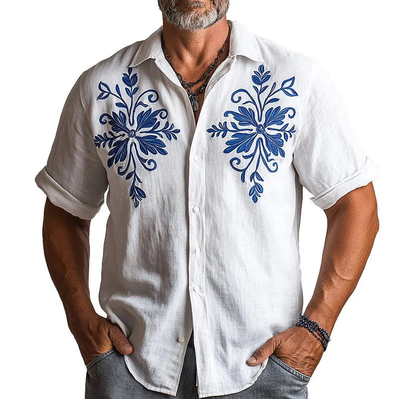 Men's Summer Fashion Solid Color Embroidered Cotton and Linen Short Sleeve Shirt MTA2142D6P sold by Manly