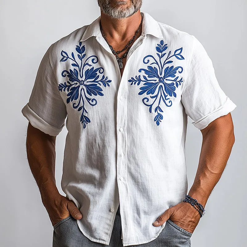 Men's Summer Fashion Solid Color Embroidered Cotton and Linen Short Sleeve Shirt MTA2142D6P sold by Manly product image thumbnail 2