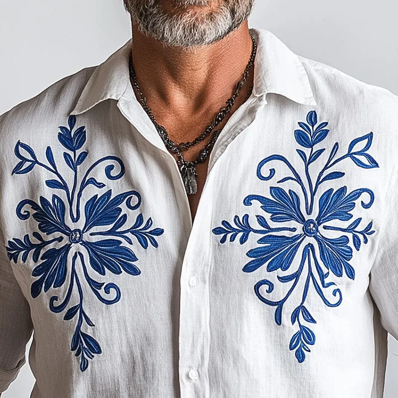 Men's Summer Fashion Solid Color Embroidered Cotton and Linen Short Sleeve Shirt MTA2142D6P sold by Manly product image thumbnail 3