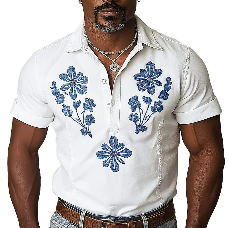 Men's Summer Fashion Solid Color Embroidered Cotton and Linen Short Sleeve Shirt MTA2158D0P sold by Manly