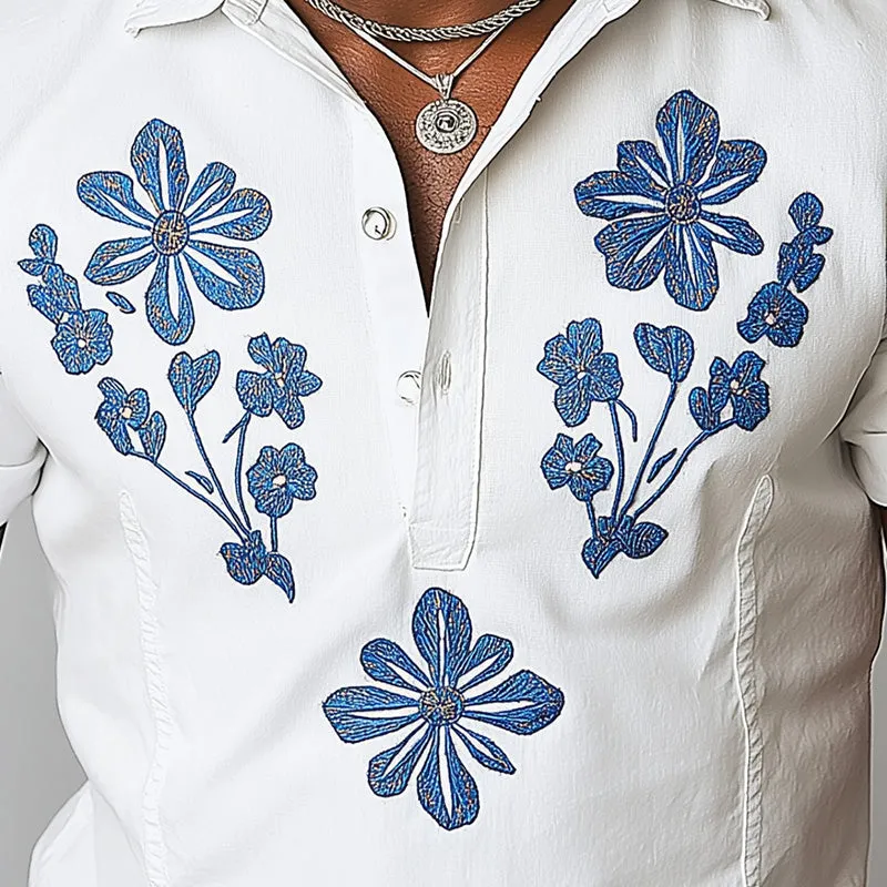 Men's Summer Fashion Solid Color Embroidered Cotton and Linen Short Sleeve Shirt MTA2158D0P sold by Manly product image thumbnail 3