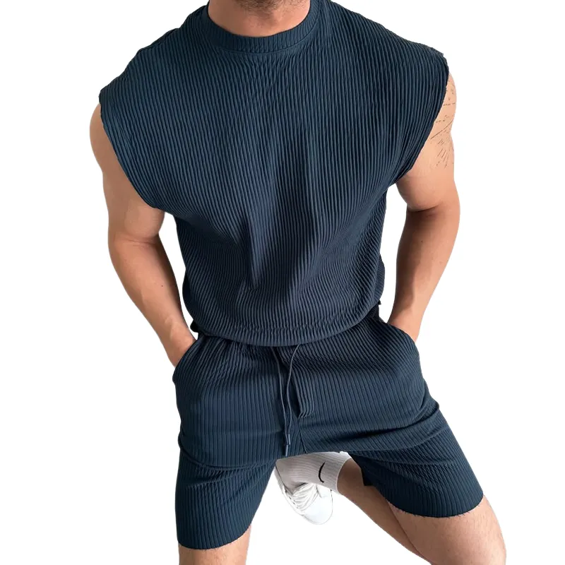 Men's Solid Striped Round Neck Sleeveless Tank Top Shorts Casual Set MTA2165D7Z sold by Manly