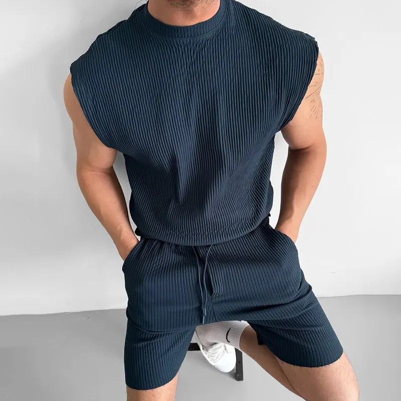 Men's Solid Striped Round Neck Sleeveless Tank Top Shorts Casual Set MTA2165D7Z sold by Manly product image thumbnail 2