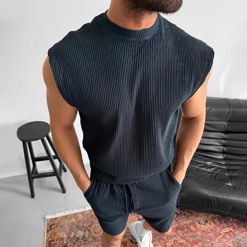 Men's Solid Striped Round Neck Sleeveless Tank Top Shorts Casual Set MTA2165D7Z sold by Manly product image thumbnail 3