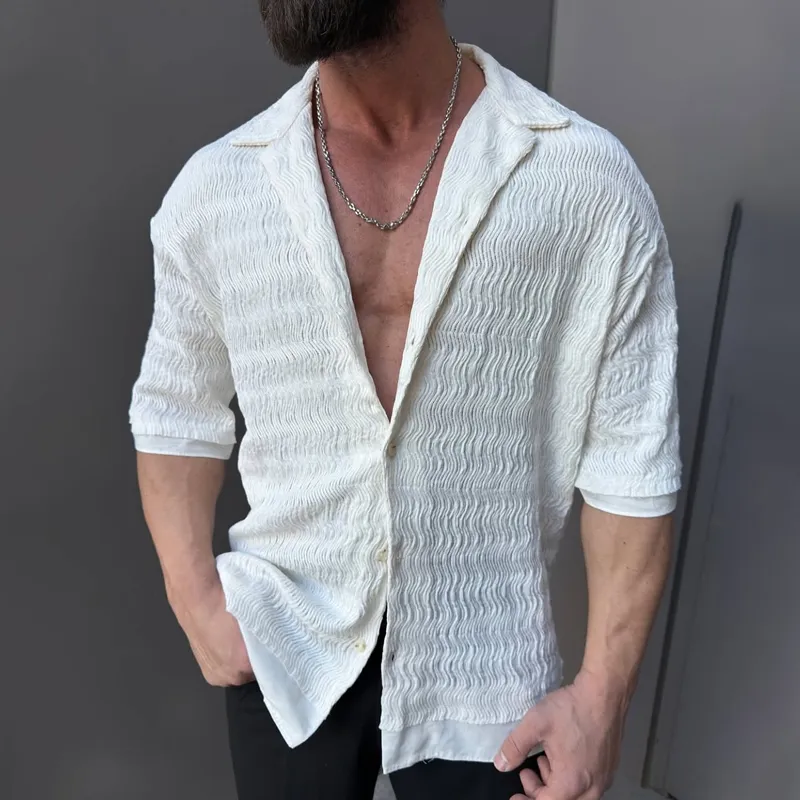 Men's Solid Textured Lapel Short Sleeve Casual Shirt MTA2186D2Z sold by Manly product image thumbnail 2