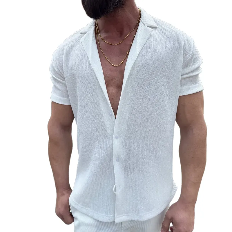 Men's Solid Textured Lapel Short Sleeve Casual Shirt MTA2189D1Z sold by Manly