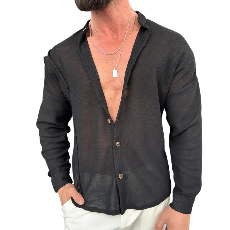 Men's Solid Color Stand Collar Long Sleeve Casual Shirt MTA2173D9Z sold by Manly