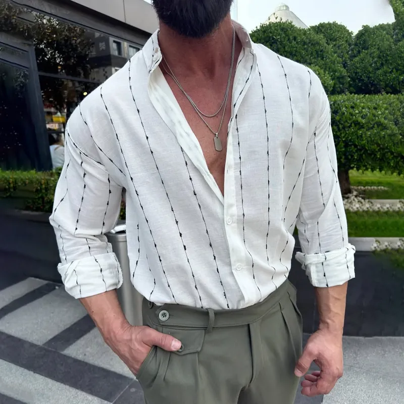 Mens Ethnic Striped Lapel Long Sleeve Casual Shirt MTA2198D6Z sold by Manly product image thumbnail 2