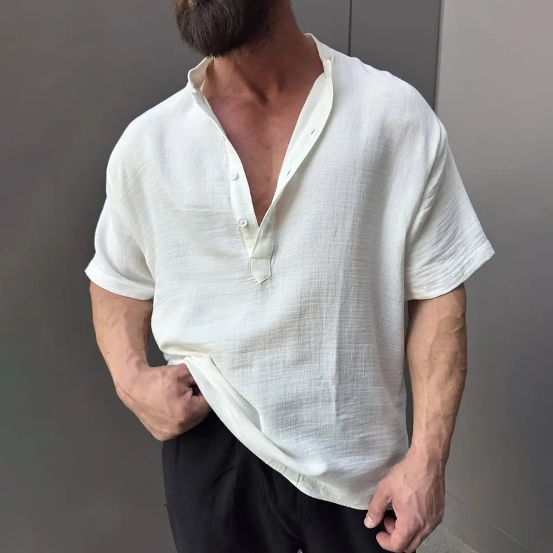 Men's Solid Textured Henley Collar Short Sleeve Casual Shirt MTA2175D9Z sold by Manly product image thumbnail 3