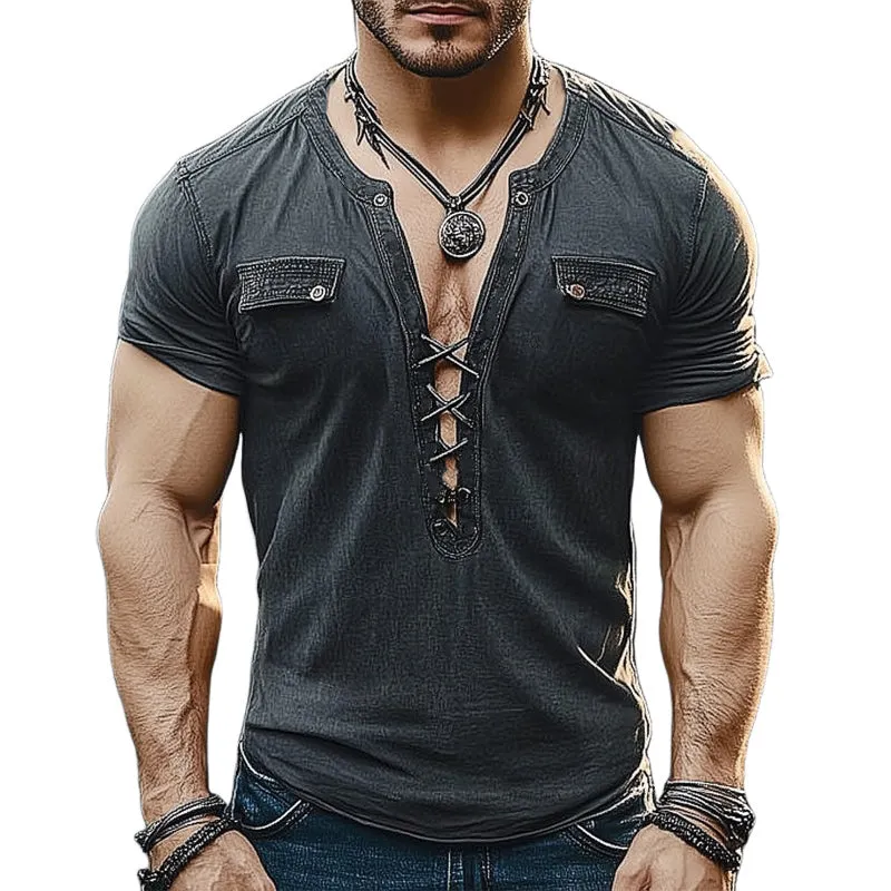 Men's Summer Retro V-neck Lace-up Short-sleeved T-shirt MTA2166D8U sold by Manly