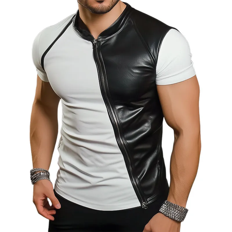 Men's Fashion Summer Leather Stitching Short Sleeve T-Shirt MTA2103D8U sold by Manly