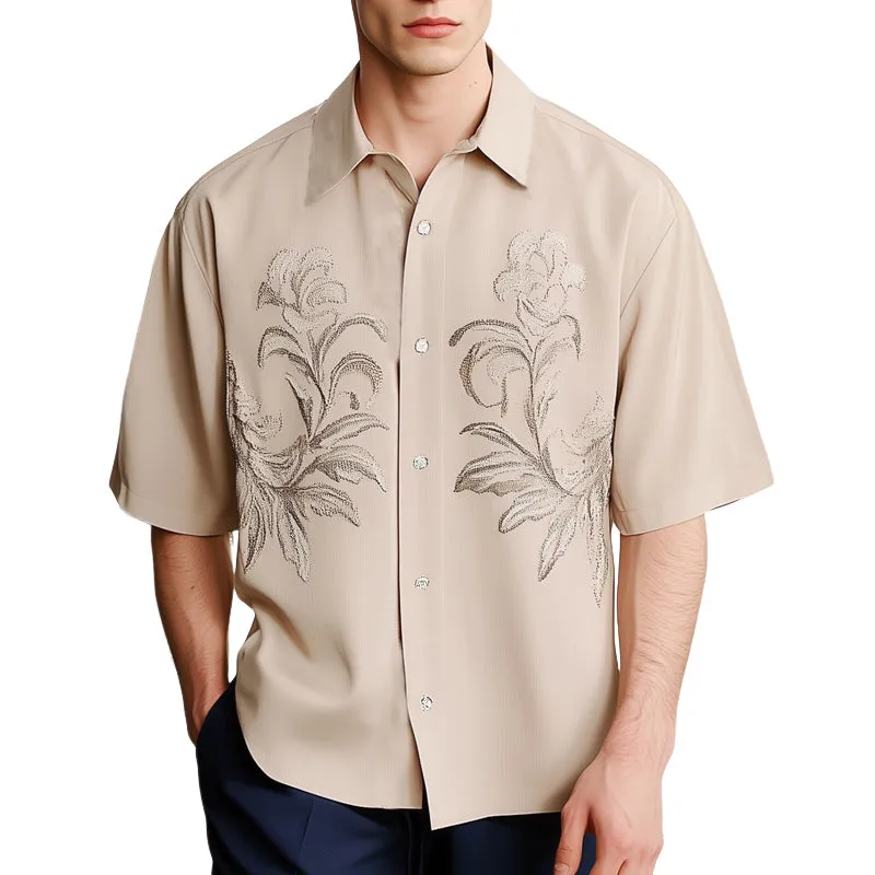 Men's Fashion Summer Silver Embroidery Loose Short Sleeve Shirt MTA2164D2U sold by Manly