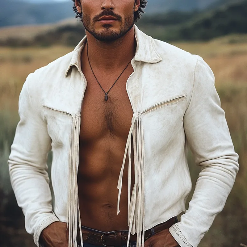 Men's White Spring Autumn Suede Fringe Jacket MTA2126D7U sold by Manly product image thumbnail 2