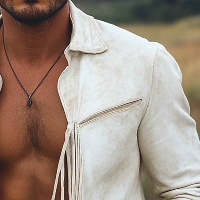 Men's White Spring Autumn Suede Fringe Jacket MTA2126D7U sold by Manly product image thumbnail 3