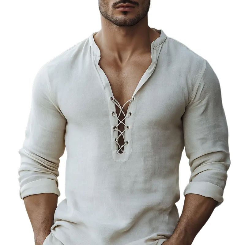 Men's Solid Cotton And Linen Lace-up V Neck Long Sleeve Shirt MTA2383D1Z sold by Manly