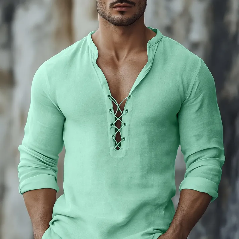 Men's Solid Cotton And Linen Lace-up V Neck Long Sleeve Shirt MTA2383D1Z sold by Manly product image thumbnail 4