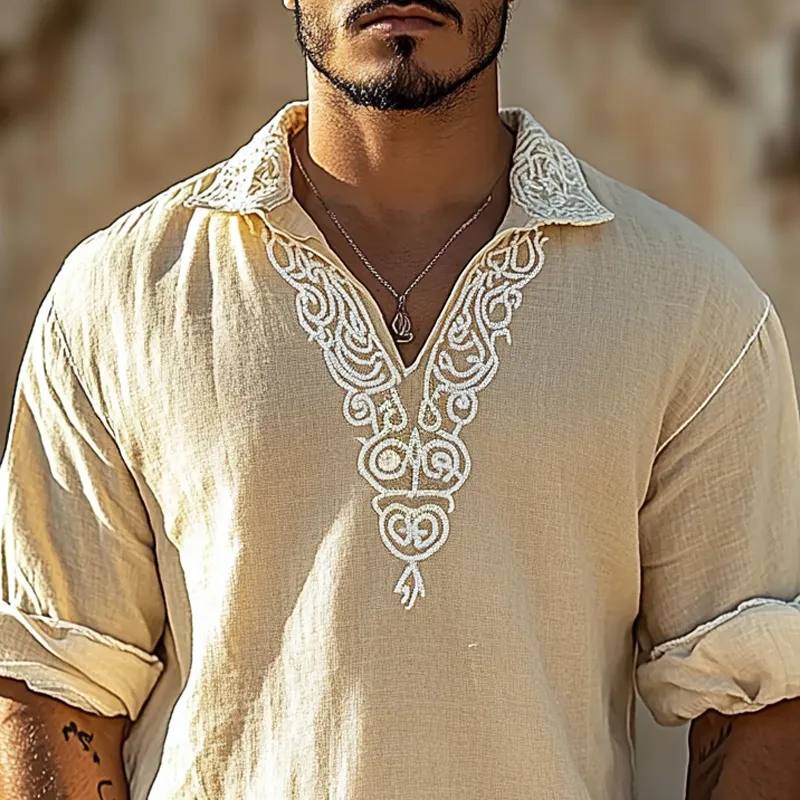 Men's Embroidered Linen Lapel Long Sleeve Shirt MTA2311D0Z sold by Manly product image thumbnail 3