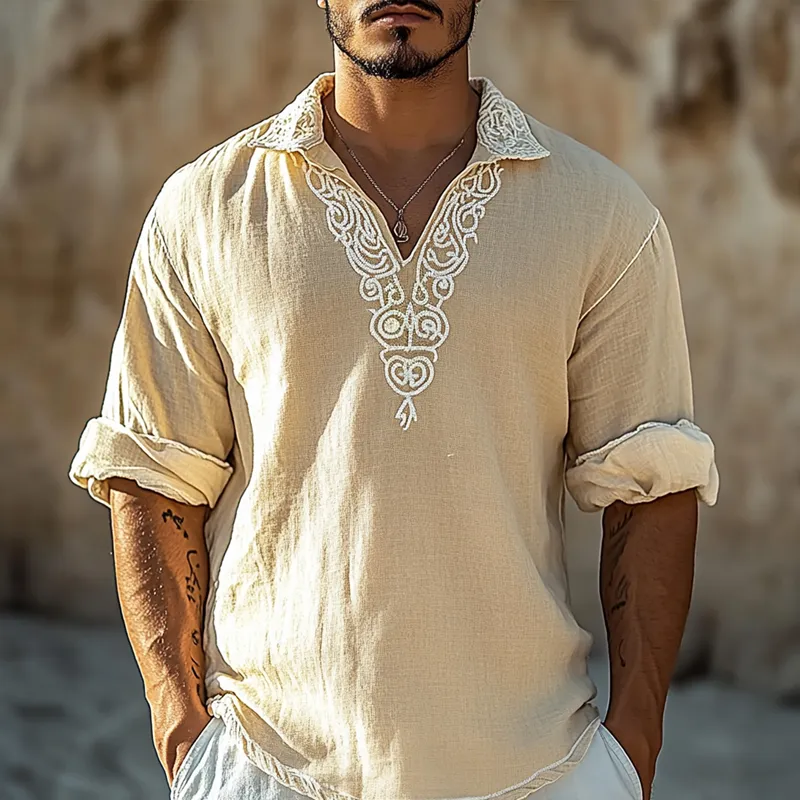 Men's Embroidered Linen Lapel Long Sleeve Shirt MTA2311D0Z sold by Manly product image thumbnail 2