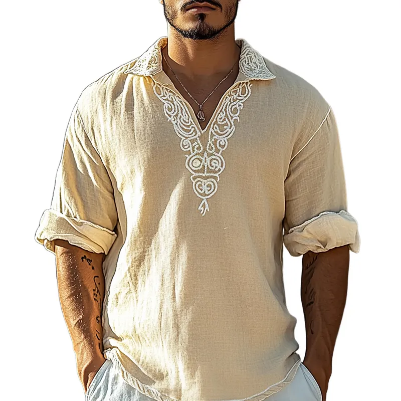 Men's Embroidered Linen Lapel Long Sleeve Shirt MTA2311D0Z sold by Manly