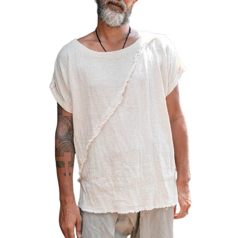 Men's Solid Cotton And Linen Raw Edge Stitching Round Neck Short Sleeve T-shirt MTA2373D4Z sold by Manly