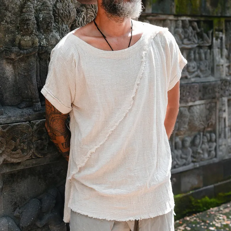 Men's Solid Cotton And Linen Raw Edge Stitching Round Neck Short Sleeve T-shirt MTA2373D4Z sold by Manly product image thumbnail 3