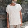 Men's Solid Cotton And Linen Raw Edge Stitching Round Neck Short Sleeve T-shirt MTA2373D4Z sold by Manly