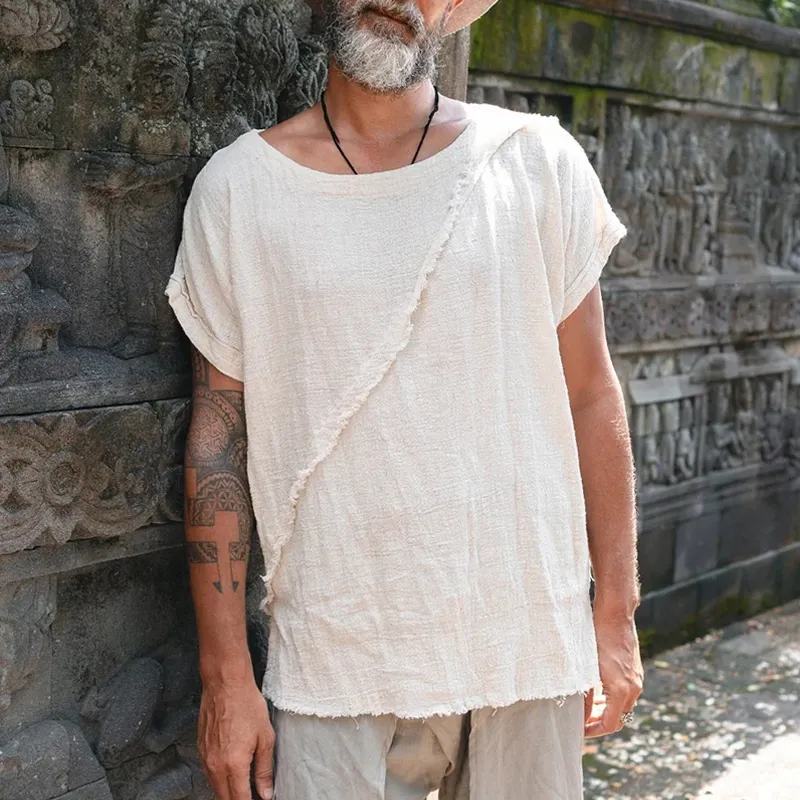 Men's Solid Cotton And Linen Raw Edge Stitching Round Neck Short Sleeve T-shirt MTA2373D4Z sold by Manly product image thumbnail 2