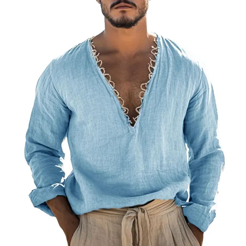 Men's Solid Cotton And Linen V Neck Long Sleeve Shirt MTA2351D6Z sold by Manly