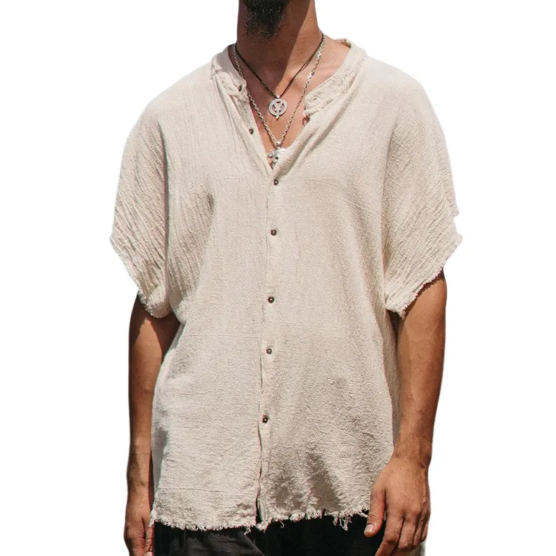 Men's Solid Cotton And Linen Raw Edge Short Sleeve Shirt MTA2352D5Z sold by Manly