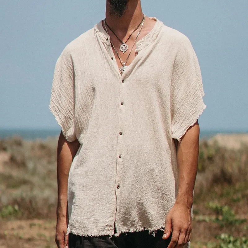 Men's Solid Cotton And Linen Raw Edge Short Sleeve Shirt MTA2352D5Z sold by Manly product image thumbnail 2